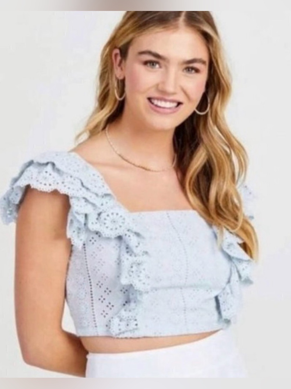 Altar'd State Ice Flow Blue Eyelet Lace Ruffle Sleeve Crop Top